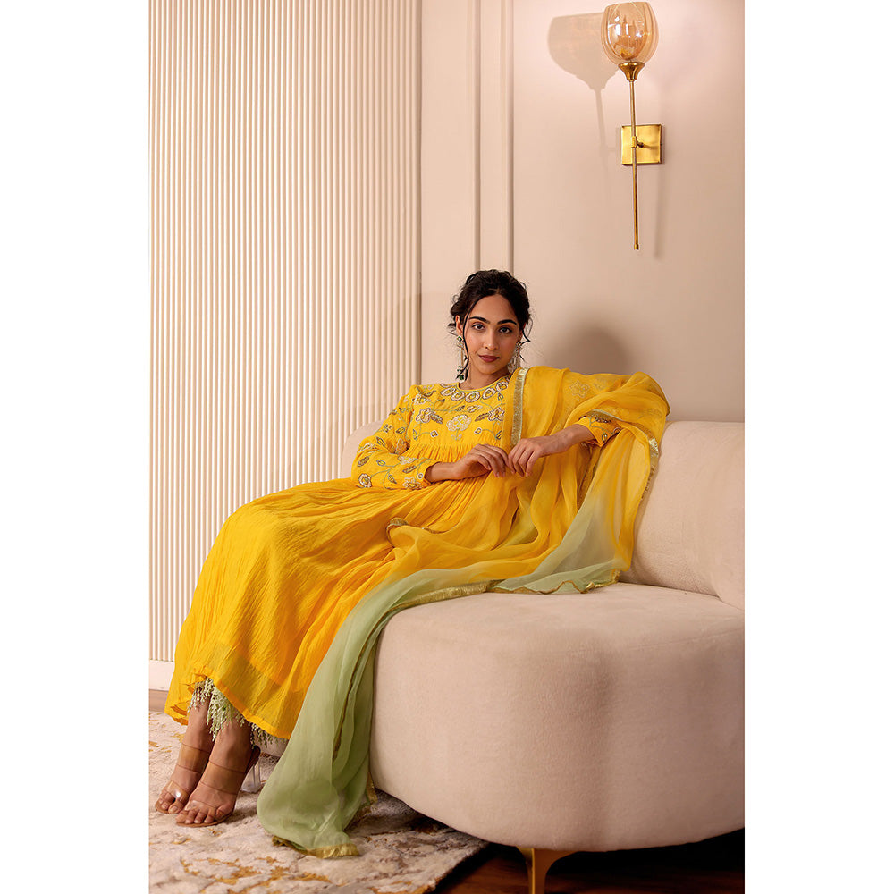 Firann By Shaheen Yellow Anarkali with Palazzo and Dupatta (Set of 3)