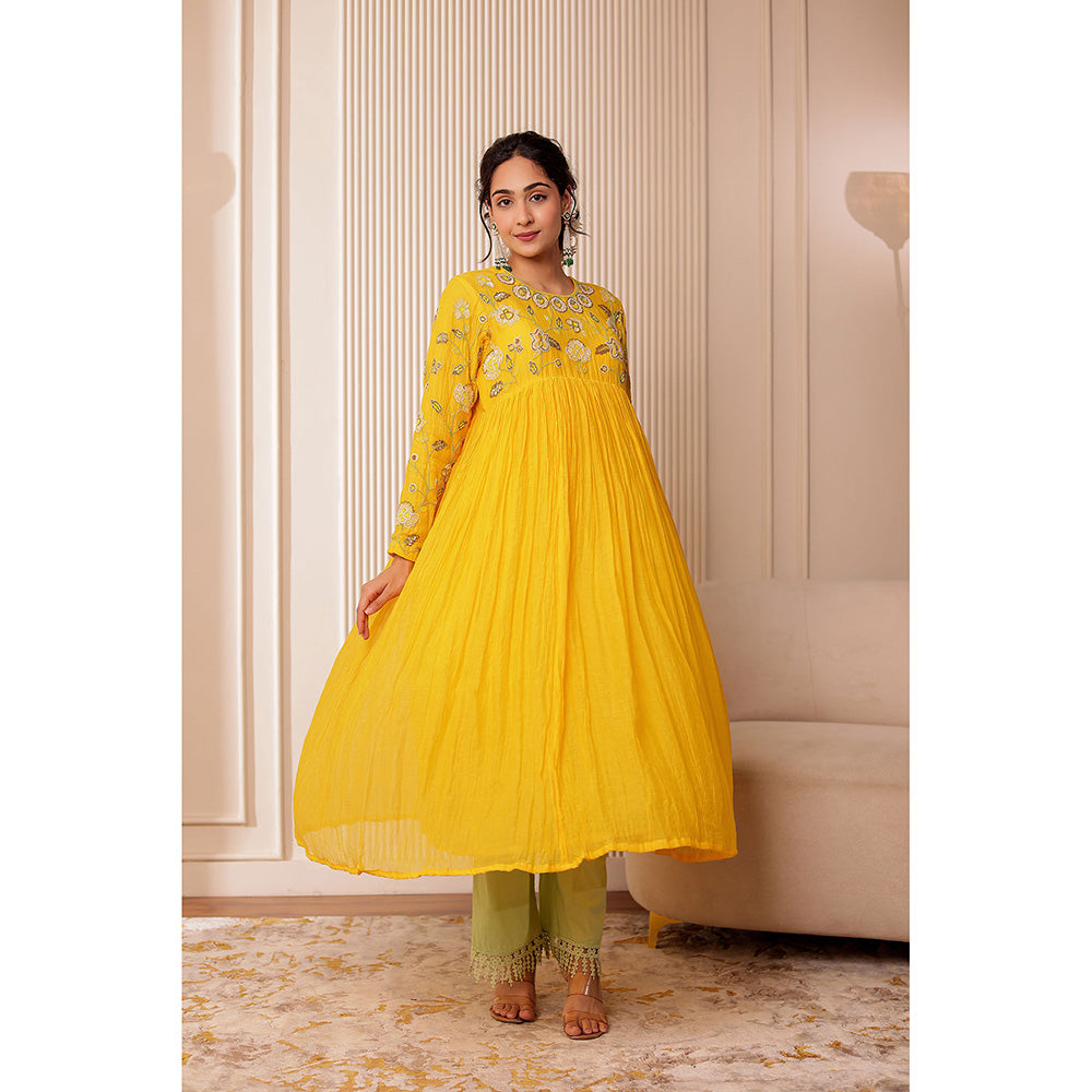 Firann By Shaheen Yellow Anarkali with Palazzo and Dupatta (Set of 3)