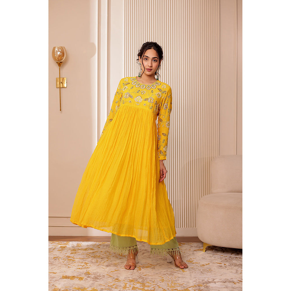 Firann By Shaheen Yellow Anarkali with Palazzo and Dupatta (Set of 3)