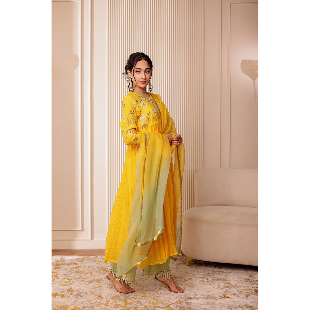 Firann By Shaheen Yellow Anarkali with Palazzo and Dupatta (Set of 3)
