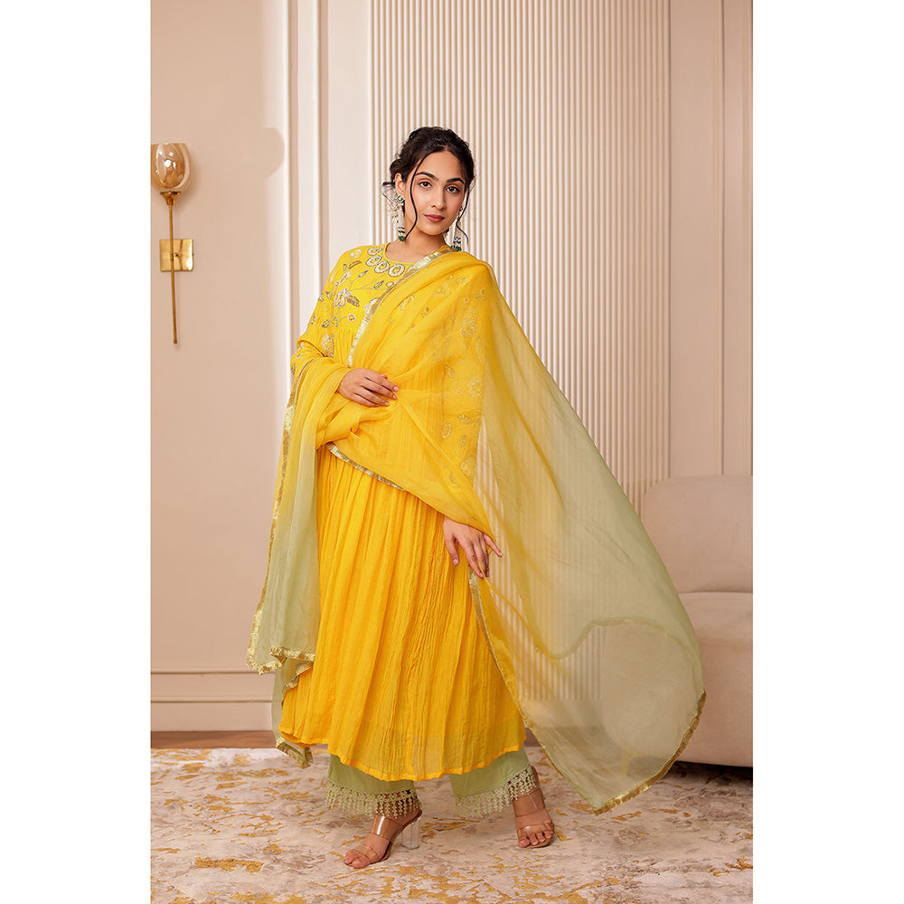 Firann By Shaheen Yellow Anarkali with Palazzo and Dupatta (Set of 3)
