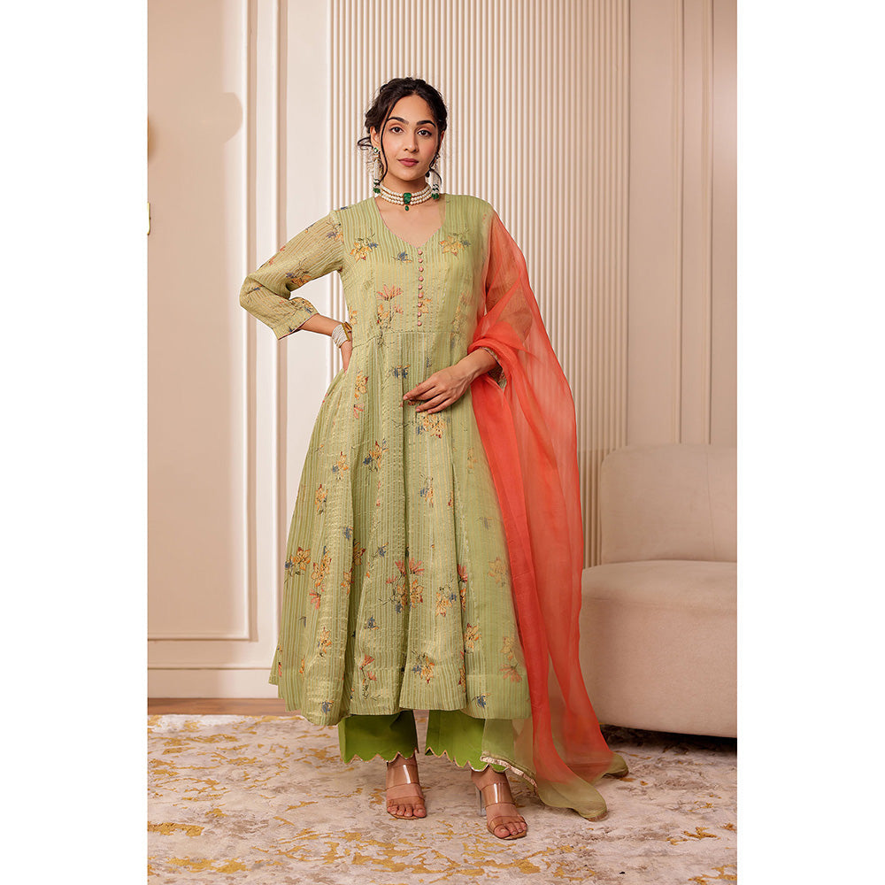 Firann By Shaheen Green Anarkali with Pant and Dupatta (Set of 3)
