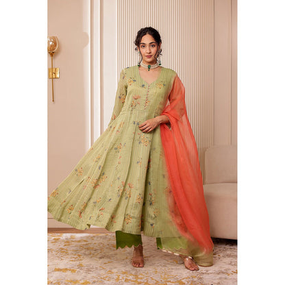 Firann By Shaheen Green Anarkali with Pant and Dupatta (Set of 3)