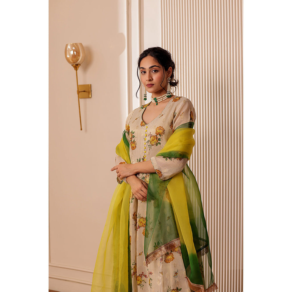 Firann By Shaheen Beige Anarkali with Pant and Dupatta (Set of 3)