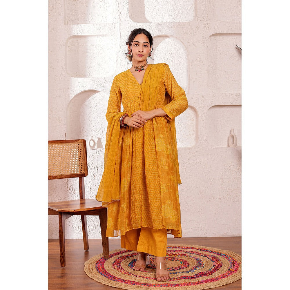 Firann By Shaheen Mustard Anarkali with Palazzo and Dupatta (Set of 3)