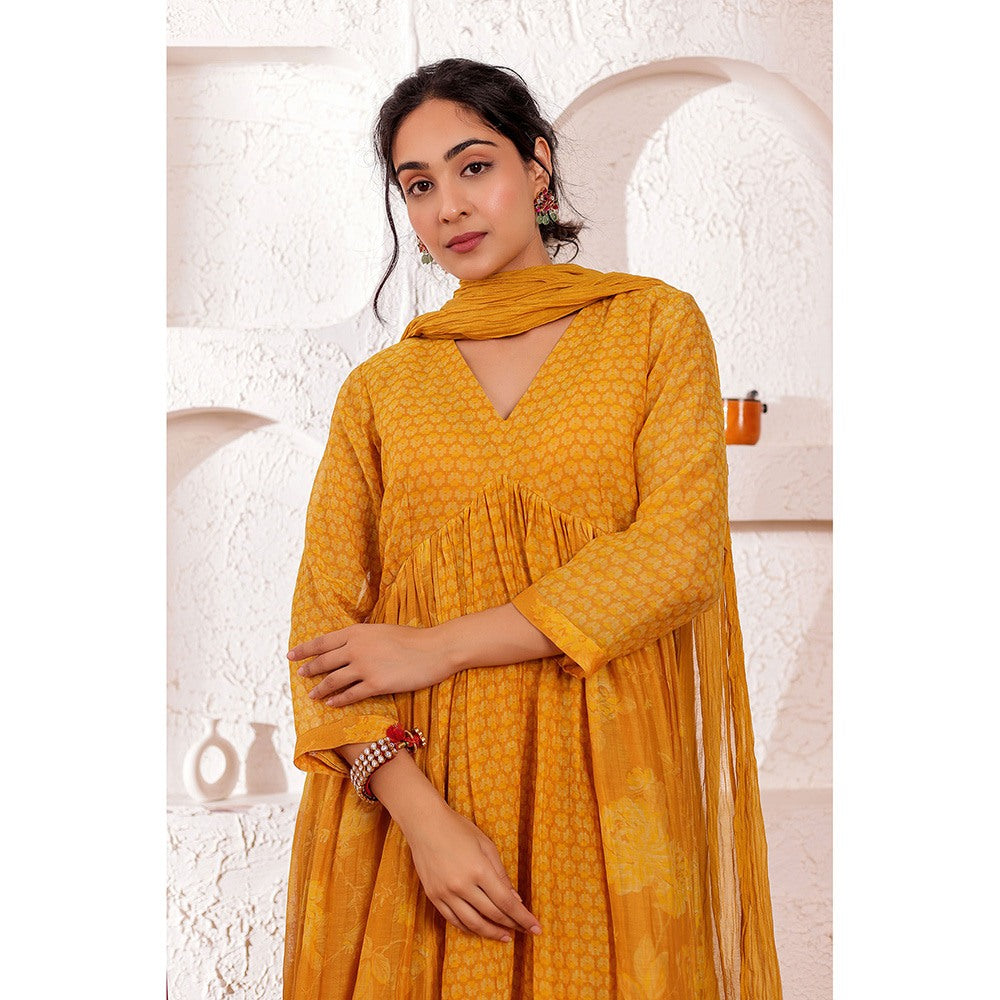 Firann By Shaheen Mustard Anarkali with Palazzo and Dupatta (Set of 3)
