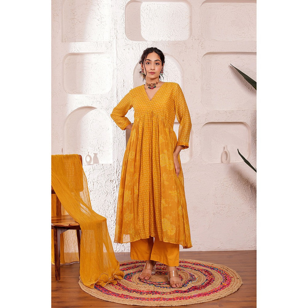Firann By Shaheen Mustard Anarkali with Palazzo and Dupatta (Set of 3)