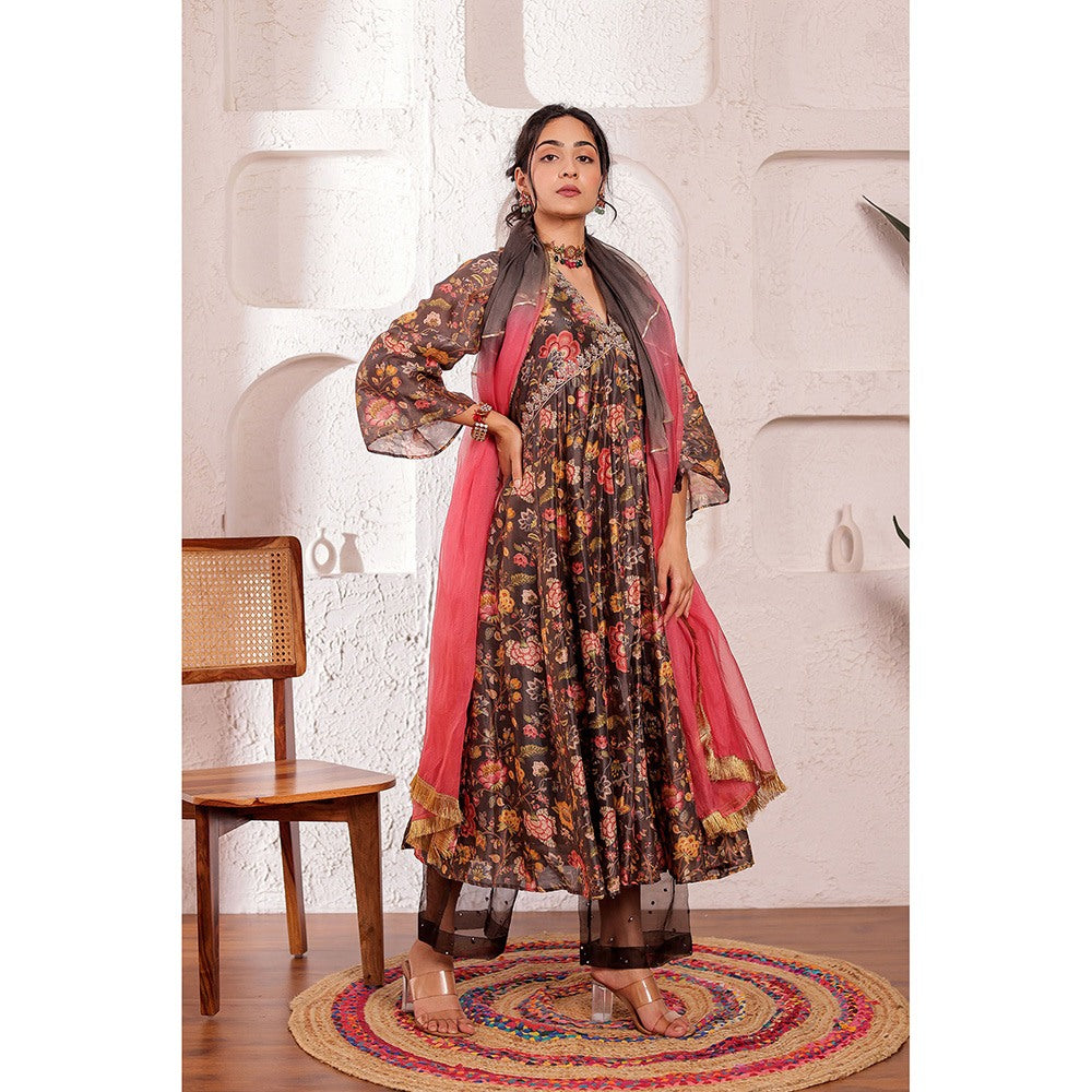 Firann By Shaheen Grey Anarkali with Palazzo and Dupatta (Set of 3)