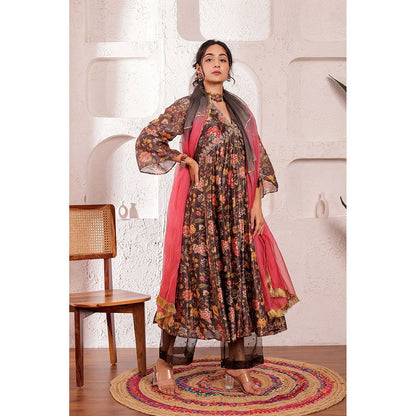 Firann By Shaheen Grey Anarkali with Palazzo and Dupatta (Set of 3)