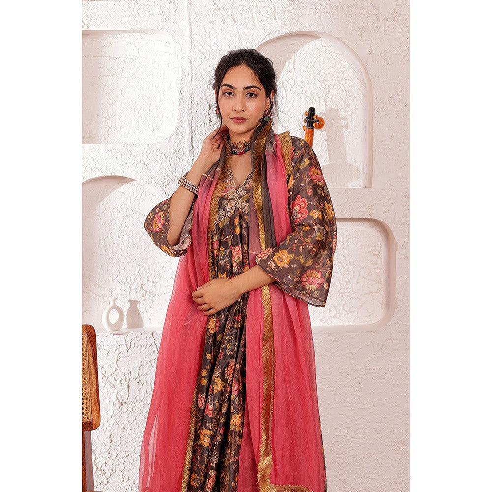Firann By Shaheen Grey Anarkali with Palazzo and Dupatta (Set of 3)