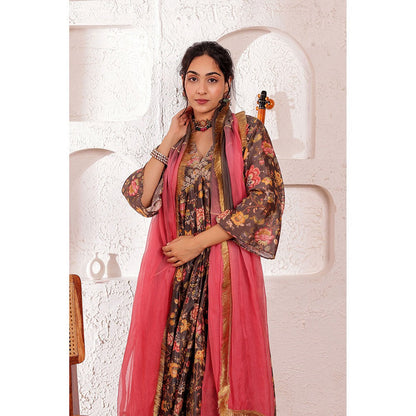 Firann By Shaheen Grey Anarkali with Palazzo and Dupatta (Set of 3)