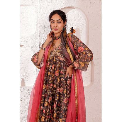 Firann By Shaheen Grey Anarkali with Palazzo and Dupatta (Set of 3)