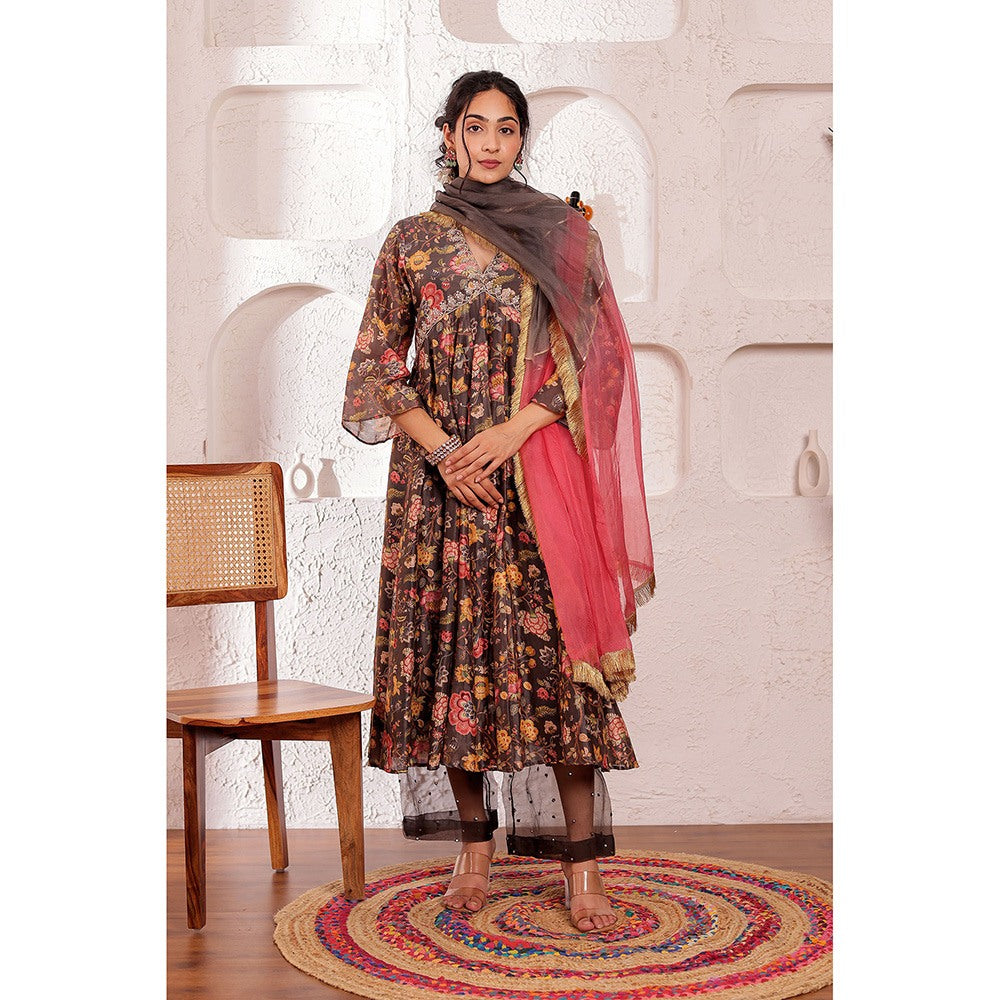 Firann By Shaheen Grey Anarkali with Palazzo and Dupatta (Set of 3)
