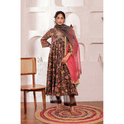 Firann By Shaheen Grey Anarkali with Palazzo and Dupatta (Set of 3)