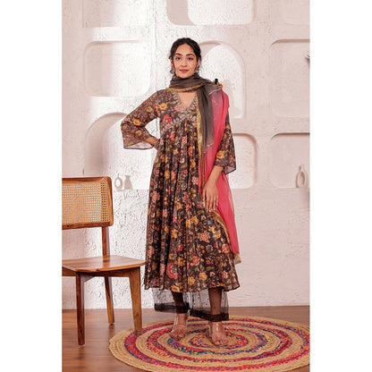 Firann By Shaheen Grey Anarkali with Palazzo and Dupatta (Set of 3)