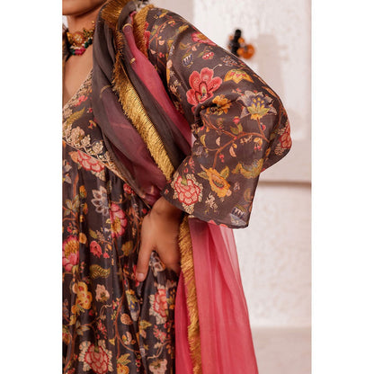 Firann By Shaheen Grey Anarkali with Palazzo and Dupatta (Set of 3)