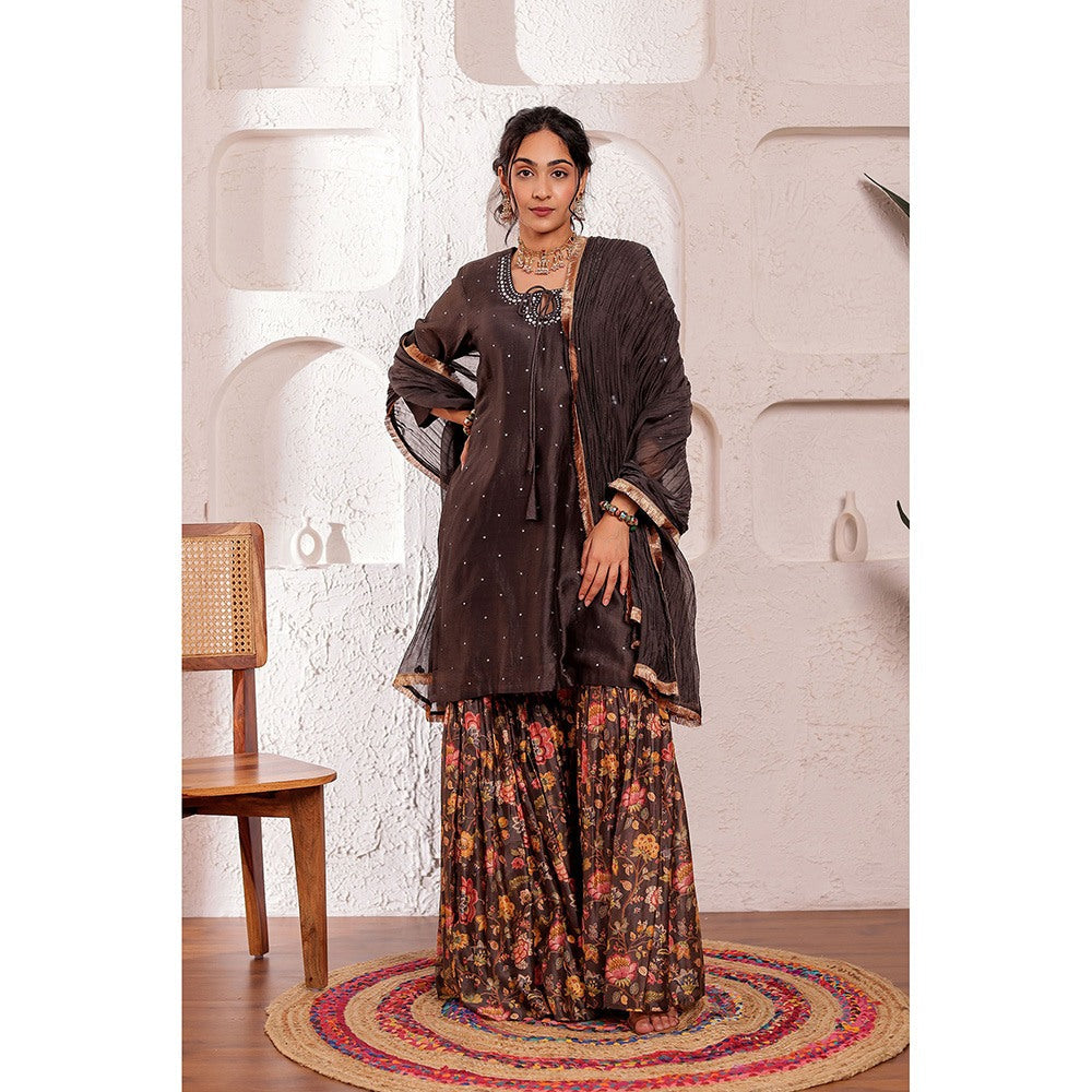 Firann By Shaheen Brown Short Kurta with Sharara and Dupatta (Set of 3)