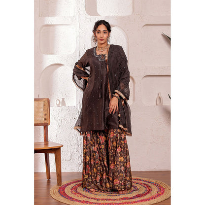 Firann By Shaheen Brown Short Kurta with Sharara and Dupatta (Set of 3)