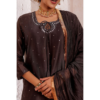 Firann By Shaheen Brown Short Kurta with Sharara and Dupatta (Set of 3)