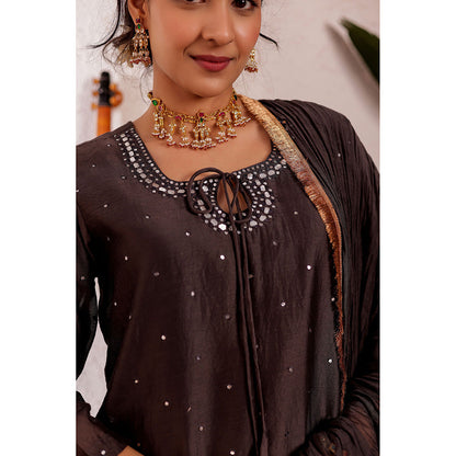 Firann By Shaheen Brown Short Kurta with Sharara and Dupatta (Set of 3)