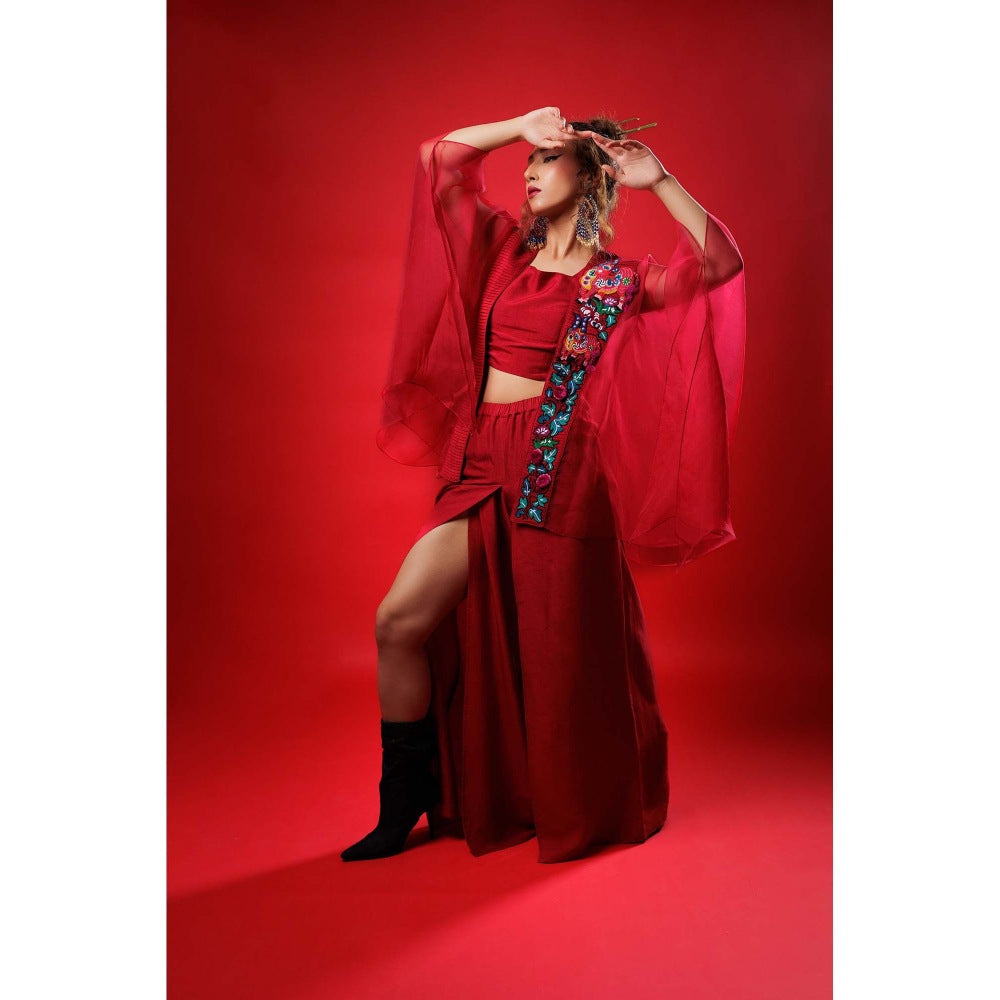 Firki by Sweta Red Cherry Blossom Co-Ord (Set of 3)