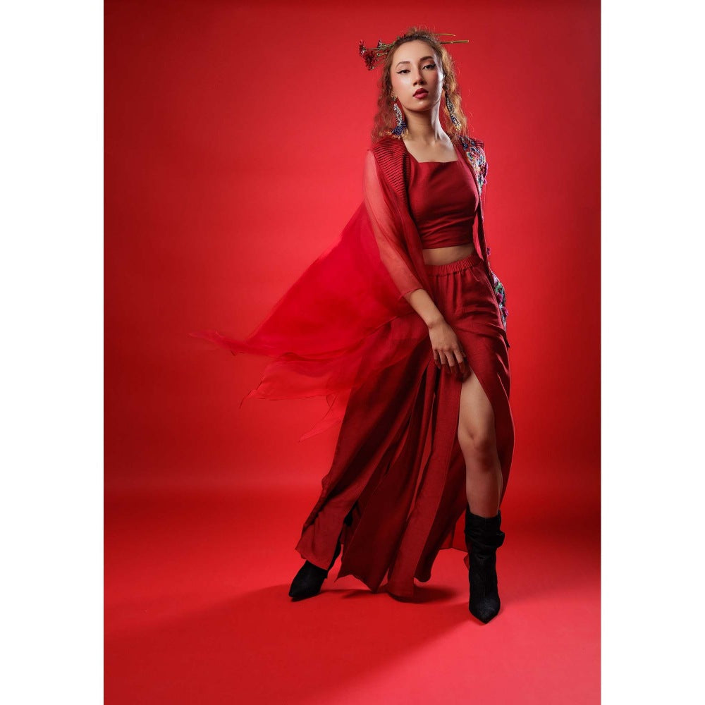 Firki by Sweta Red Cherry Blossom Co-Ord (Set of 3)