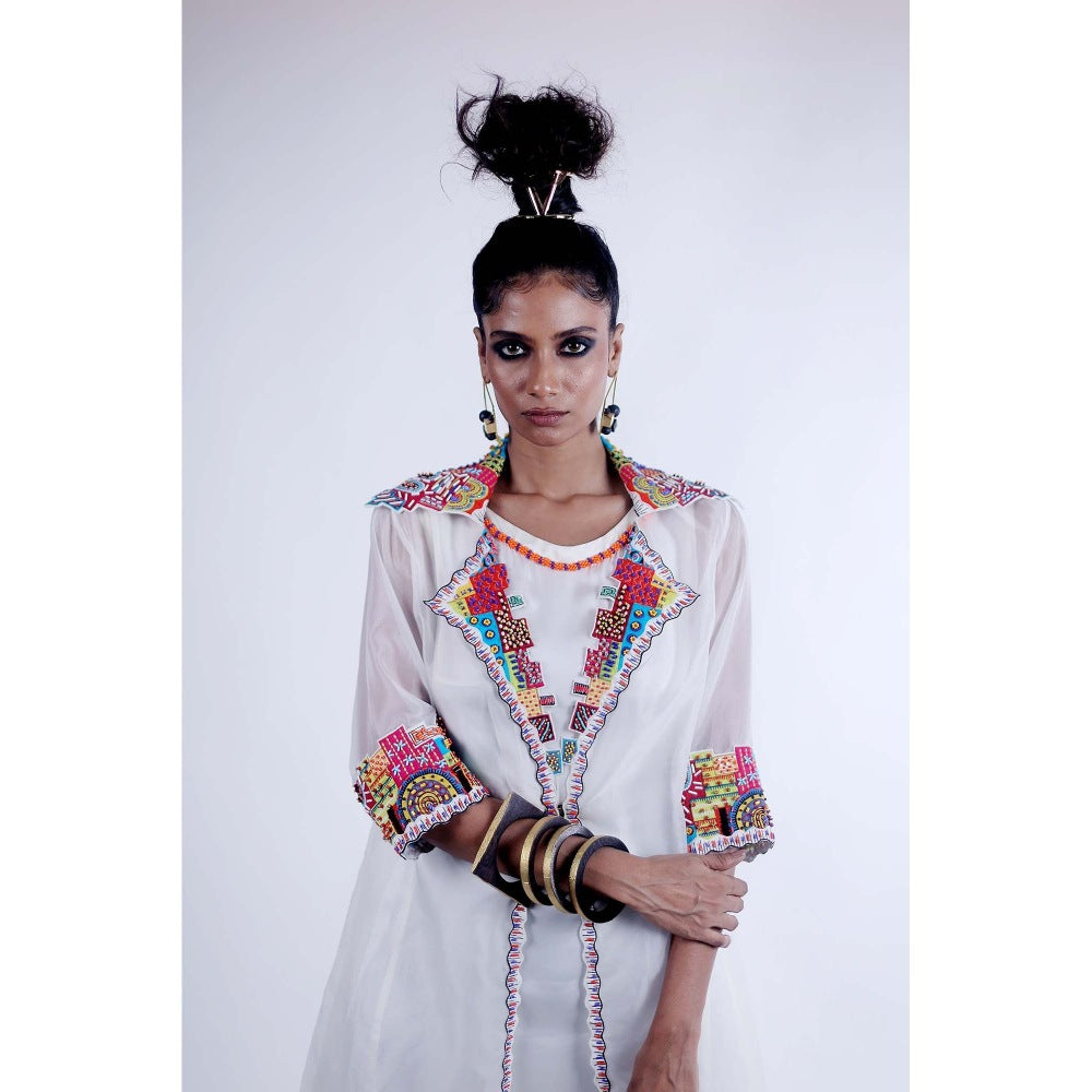 Firki by Sweta White Brooke Dress with Jacket (Set of 2)