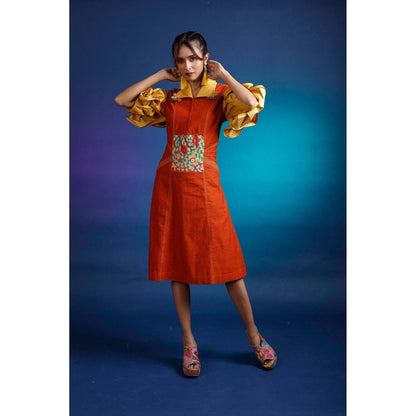 Firki by Sweta Rust Ruffled Panelled Dress