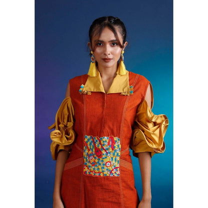 Firki by Sweta Rust Ruffled Panelled Dress