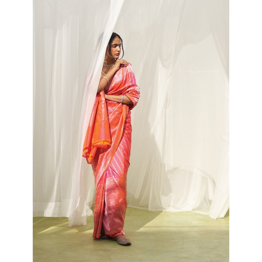 Five Point Five Pink Woven Zari Saree with Unstitched Blouse