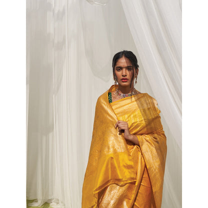 Five Point Five Yellow Woven Zari Saree with Unstitched Blouse