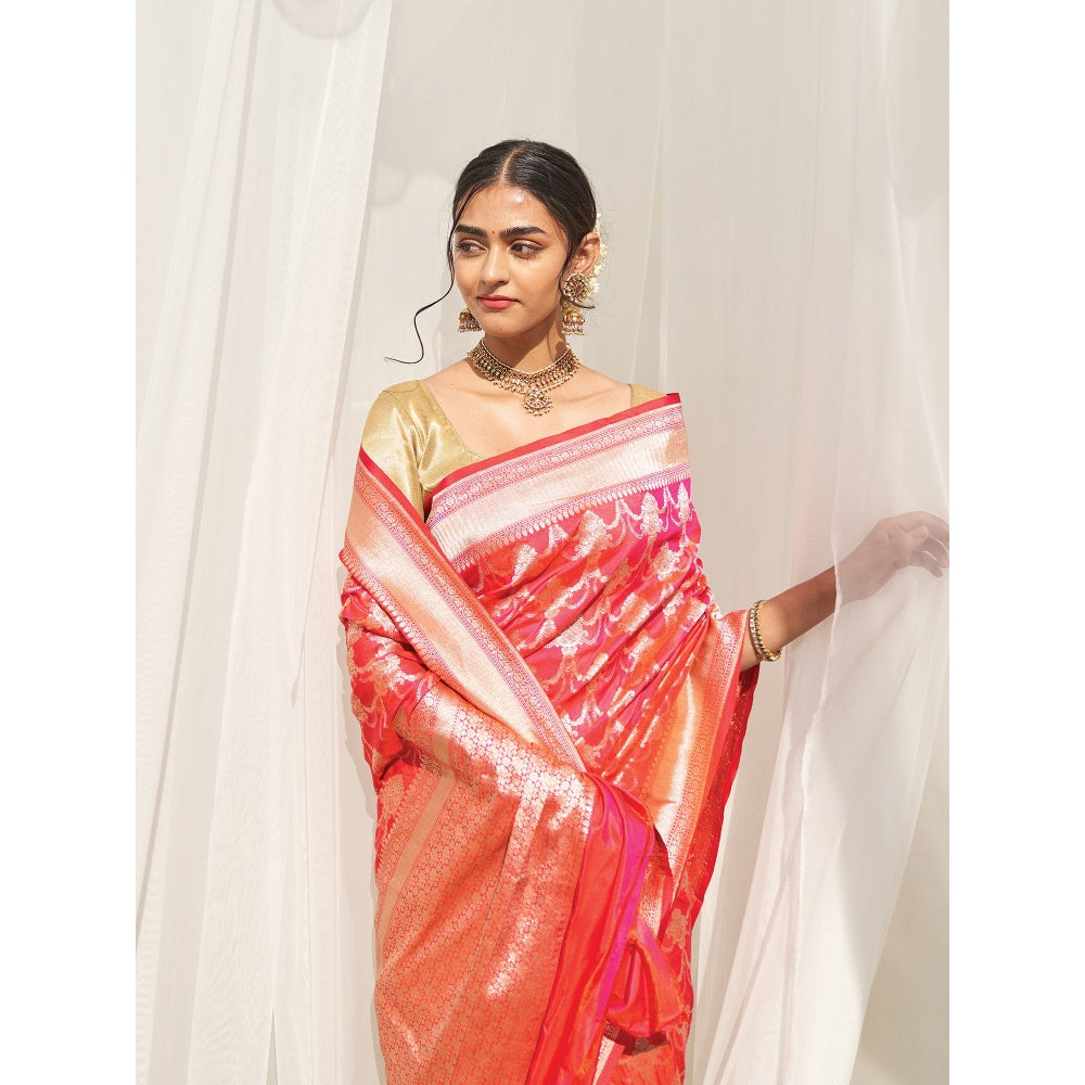 Five Point Five Pink Zari Jhoomar Jaal Saree with Unstitched Blouse