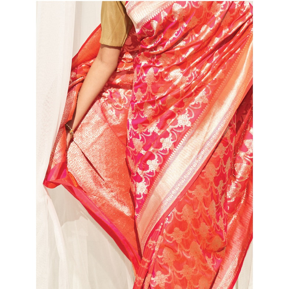 Five Point Five Pink Zari Jhoomar Jaal Saree with Unstitched Blouse
