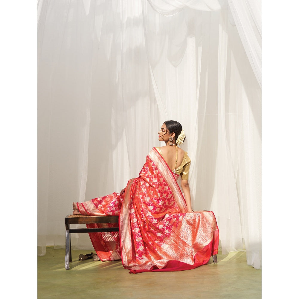 Five Point Five Pink Zari Jhoomar Jaal Saree with Unstitched Blouse
