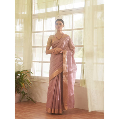 Five Point Five Mauve Zari Stripes Woven Saree with Unstitched Blouse