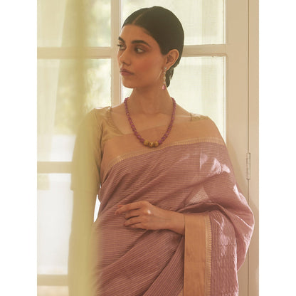 Five Point Five Mauve Zari Stripes Woven Saree with Unstitched Blouse