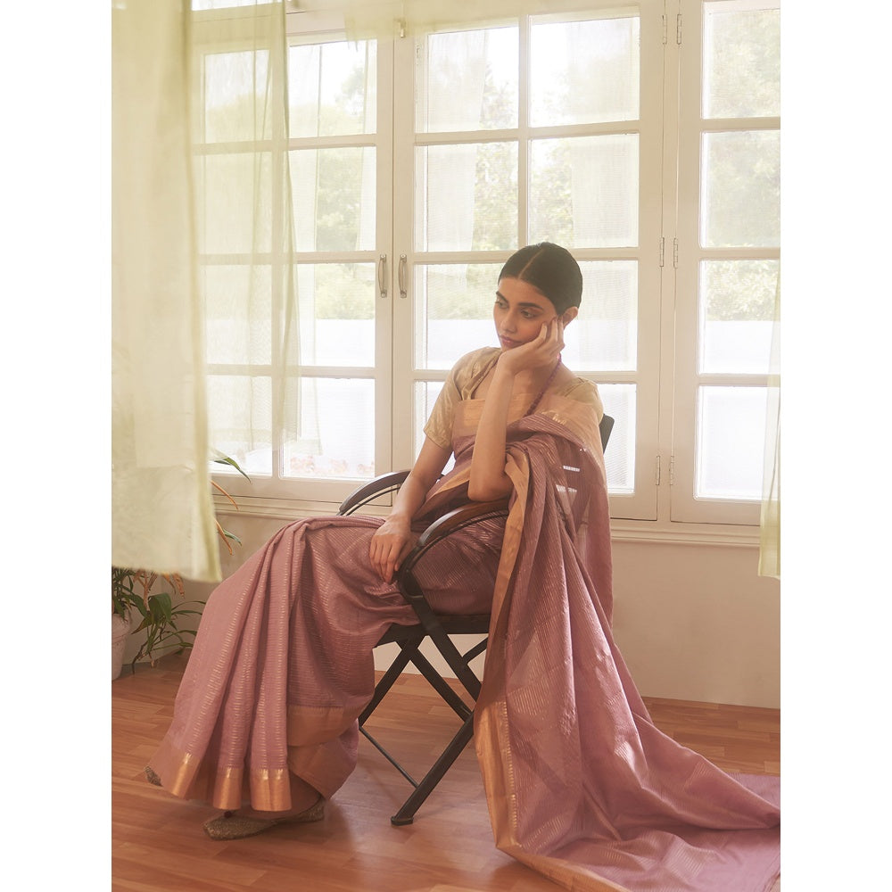 Five Point Five Mauve Zari Stripes Woven Saree with Unstitched Blouse