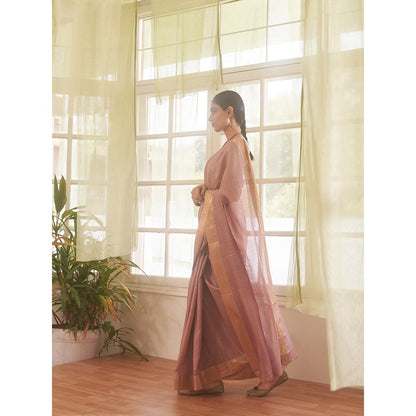 Five Point Five Mauve Zari Stripes Woven Saree with Unstitched Blouse