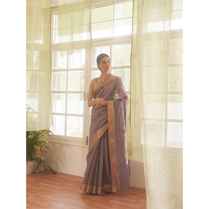 Five Point Five Purple Zari Stripes Woven Saree with Unstitched Blouse