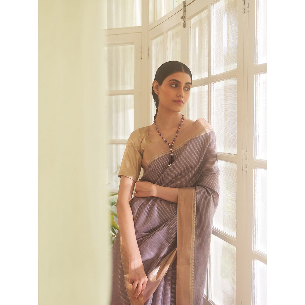 Five Point Five Purple Zari Stripes Woven Saree with Unstitched Blouse