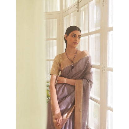 Five Point Five Purple Zari Stripes Woven Saree with Unstitched Blouse