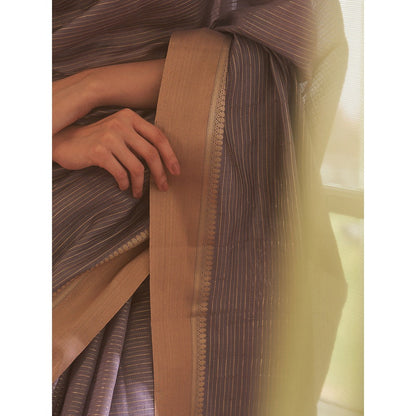 Five Point Five Purple Zari Stripes Woven Saree with Unstitched Blouse