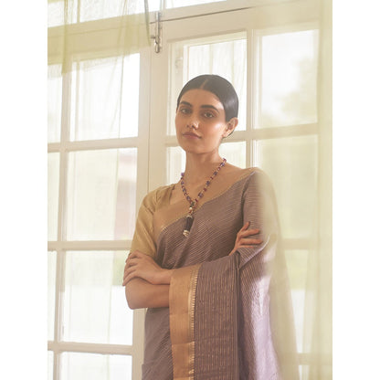 Five Point Five Purple Zari Stripes Woven Saree with Unstitched Blouse