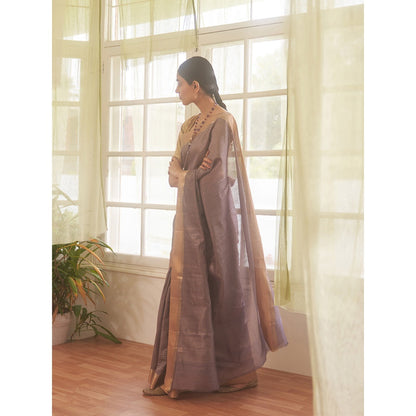 Five Point Five Purple Zari Stripes Woven Saree with Unstitched Blouse