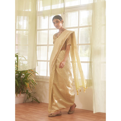 Five Point Five Asymmetric Gold Zari Stripes Woven Saree with Unstitched Blouse