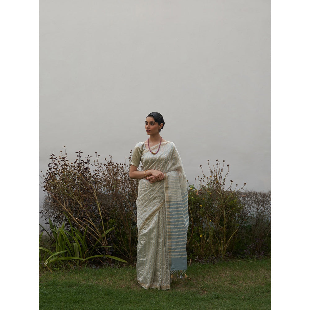 Five Point Five Green Asymmetric Gold Zari Stripes Woven Saree with Unstitched Blouse