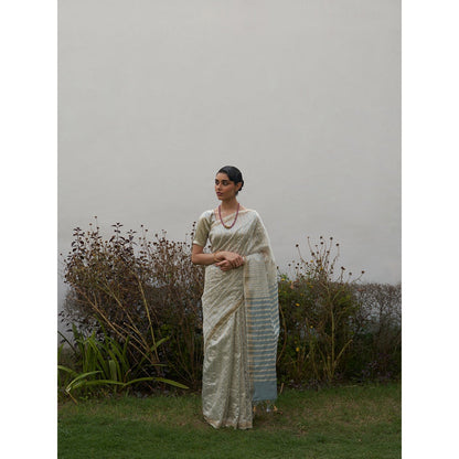 Five Point Five Green Asymmetric Gold Zari Stripes Woven Saree with Unstitched Blouse