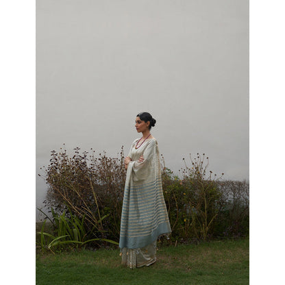 Five Point Five Green Asymmetric Gold Zari Stripes Woven Saree with Unstitched Blouse