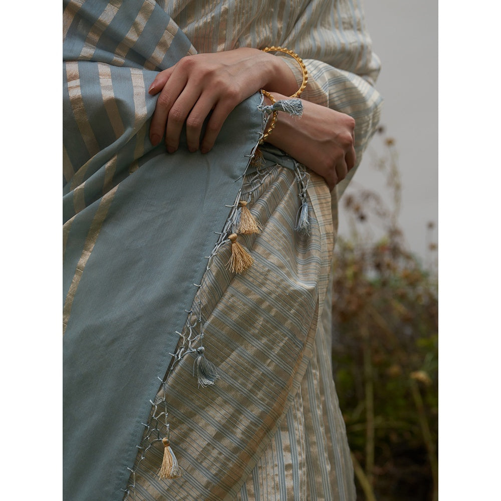 Five Point Five Green Asymmetric Gold Zari Stripes Woven Saree with Unstitched Blouse