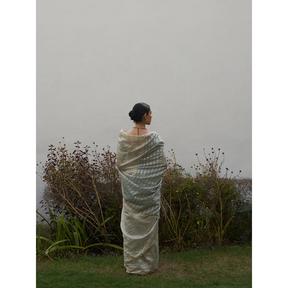 Five Point Five Green Asymmetric Gold Zari Stripes Woven Saree with Unstitched Blouse